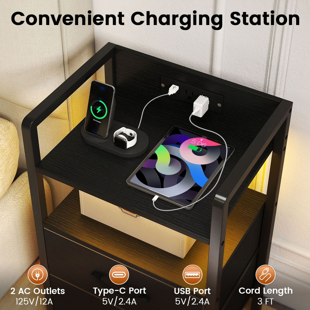 Nightstand with Charging Station and Storage Shelf for Bedroom Dorm Living Room-Black