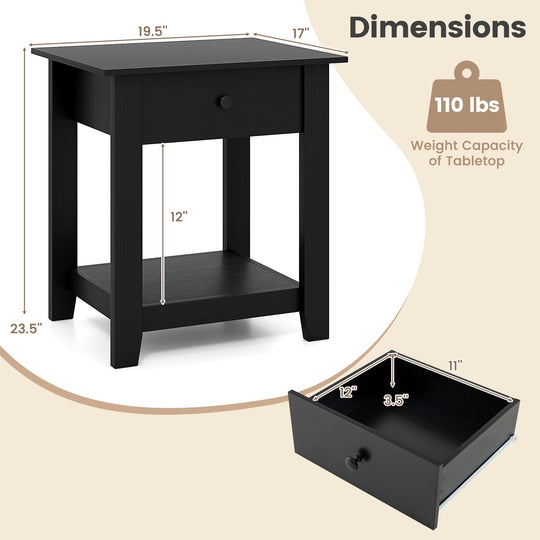 Nightstand with Drawer 3-Tier Modern Bedside Table with Open Shelf and Storage