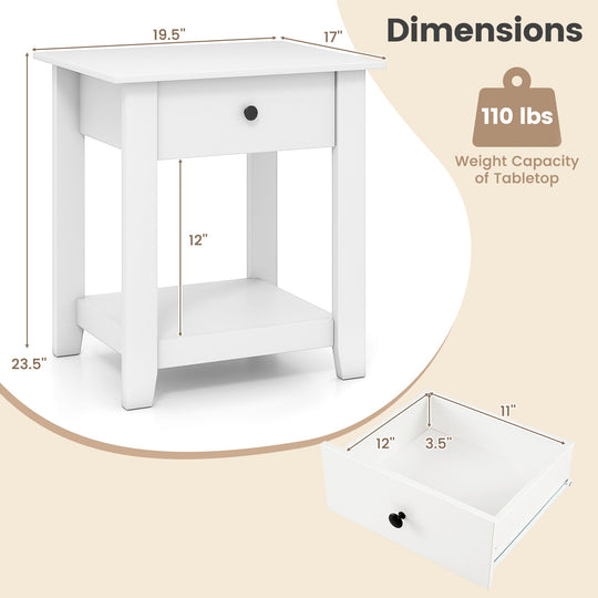 Nightstand with Drawer 3-Tier Modern Bedside Table with Open Shelf and Storage
