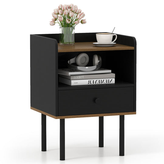 Nightstand with Drawer 3-Tier Sofa Side Table with Open Storage Shelf-Black