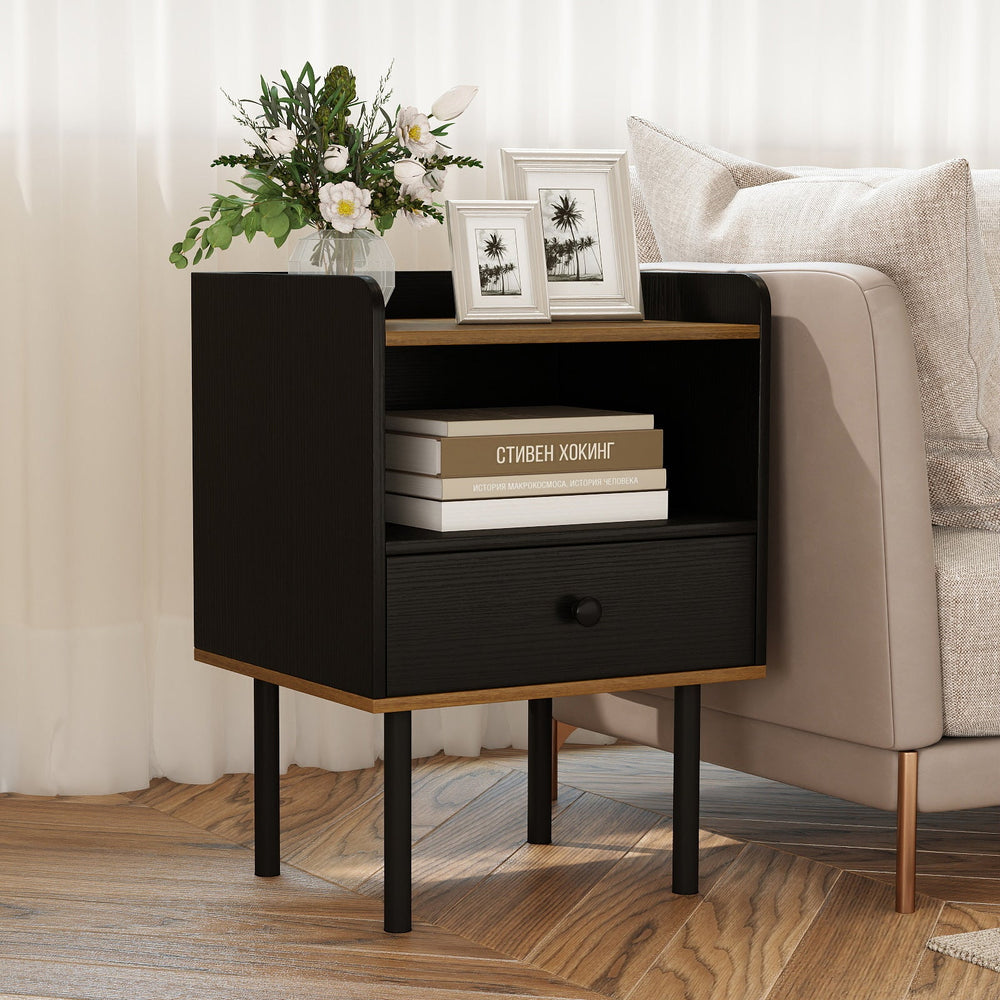 Nightstand with Drawer 3-Tier Sofa Side Table with Open Storage Shelf-Black