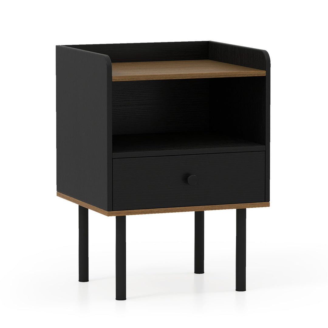 Nightstand with Drawer 3-Tier Sofa Side Table with Open Storage Shelf-Black