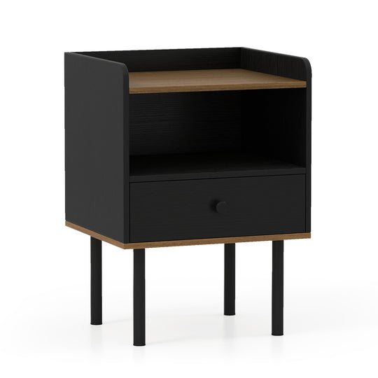 Nightstand with Drawer 3-Tier Sofa Side Table with Open Storage Shelf-Black