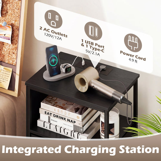 Nightstand with Integrated Charging Station 34" Modern Bedside Table