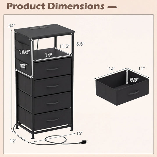 Nightstand with Integrated Charging Station 34" Modern Bedside Table