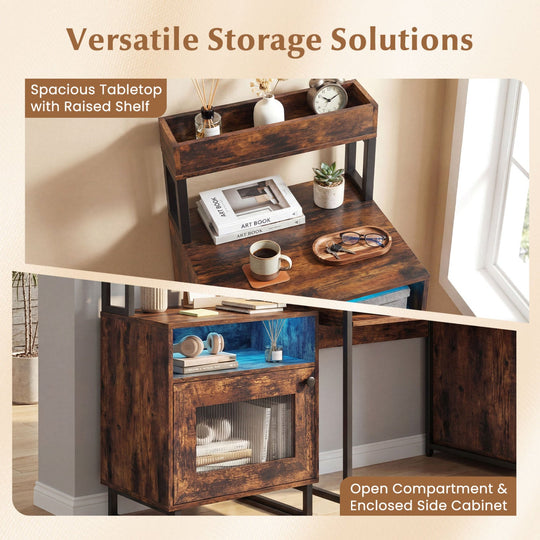 Nightstand with LED Lights Modern End Table with Top Tray Open Compartment and Storage Cabinet