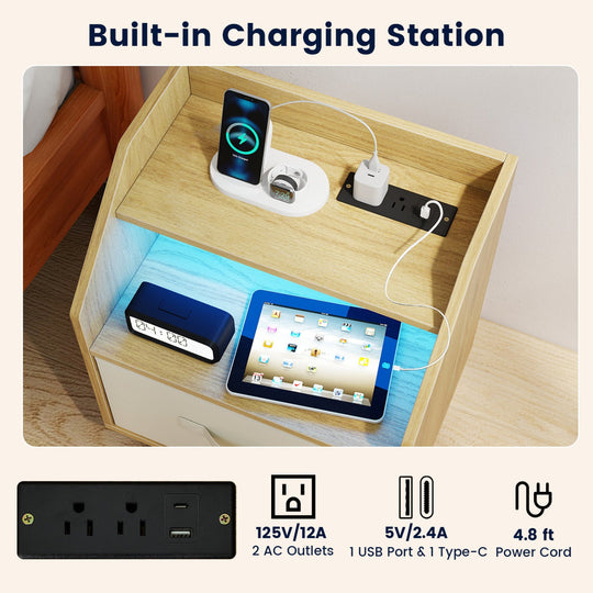Nightstand with Power Outlets and LED Lighting