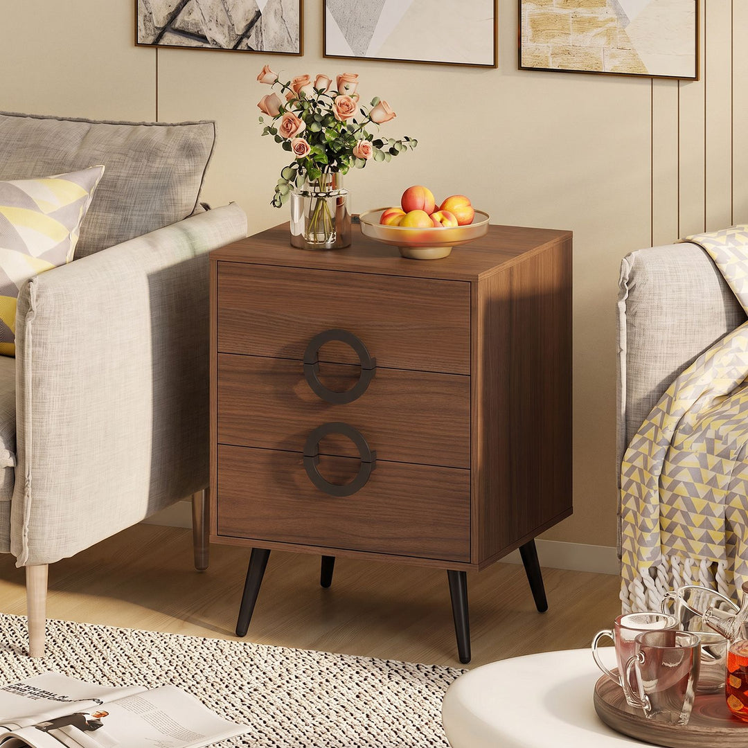 Nightstand with Power Outlets and 3 Drawers Modern Bedside Table with Cable Hole
