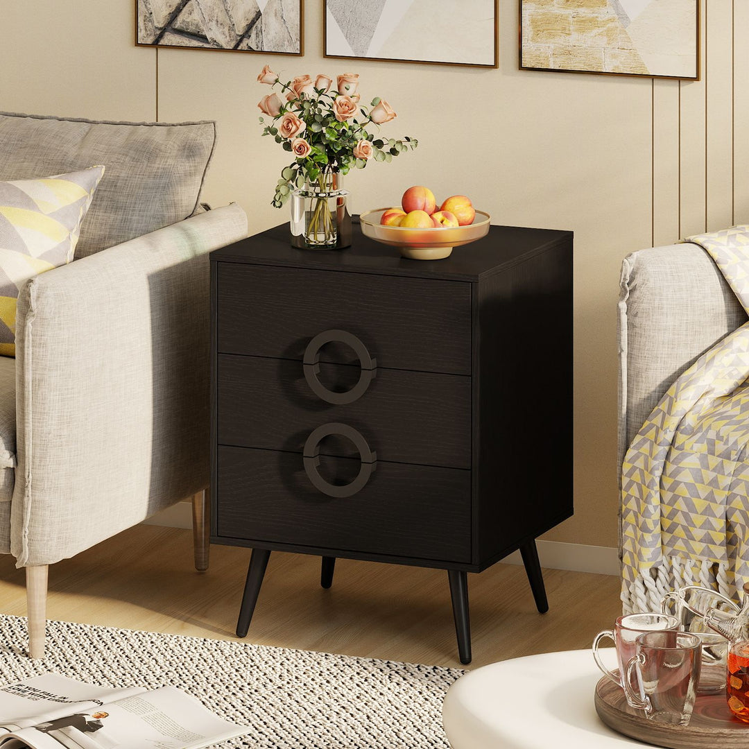 Nightstand with Power Outlets and 3 Drawers Modern Bedside Table with Cable Hole