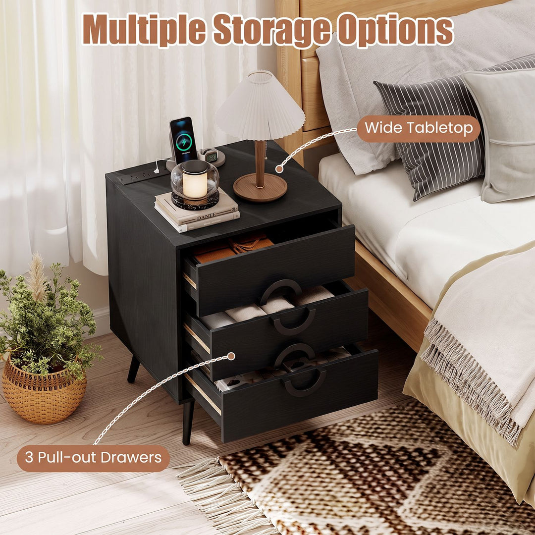 Nightstand with Power Outlets and 3 Drawers Modern Bedside Table with Cable Hole