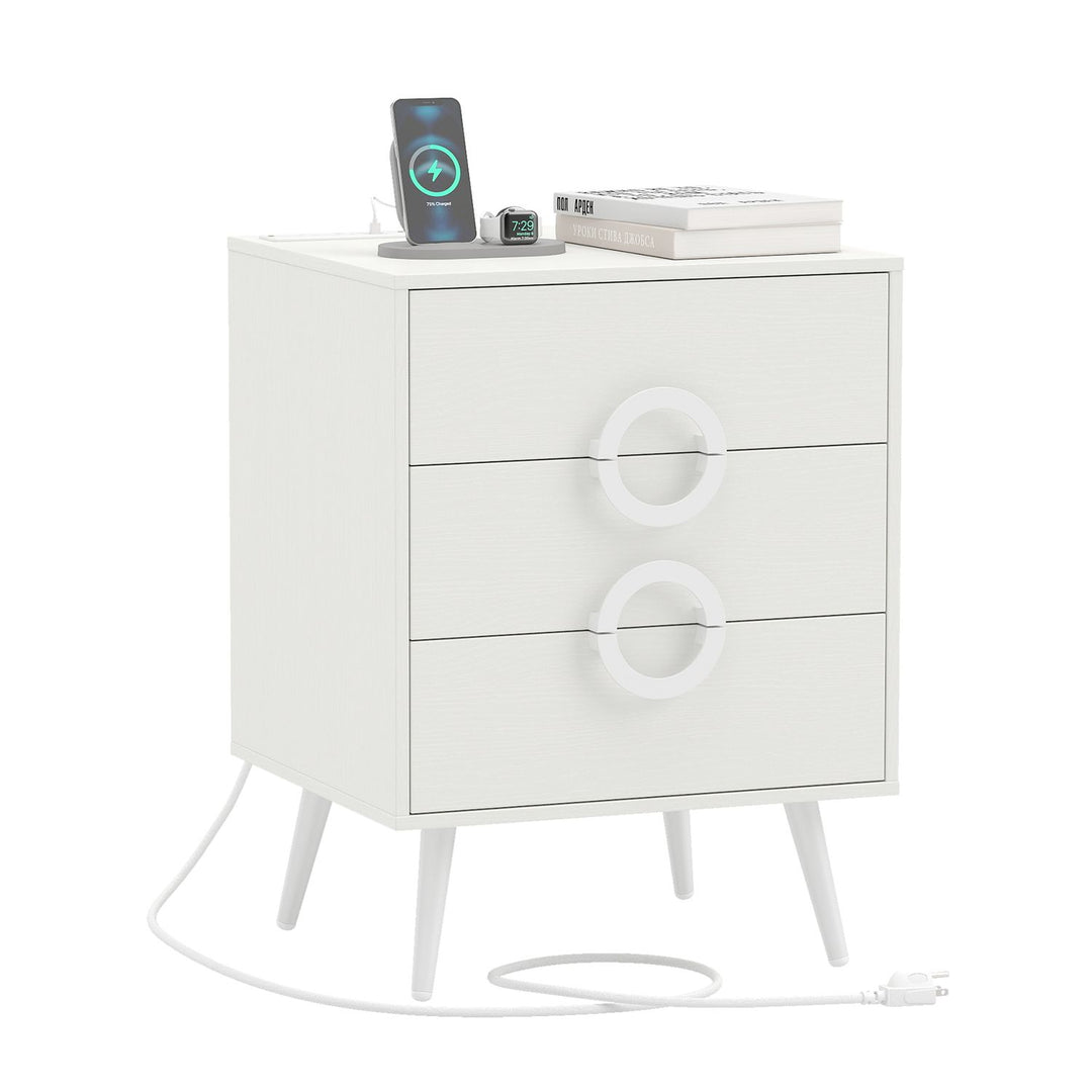Nightstand with Power Outlets and 3 Drawers Modern Bedside Table with Cable Hole
