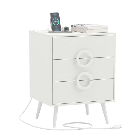 Nightstand with Power Outlets and 3 Drawers Modern Bedside Table with Cable Hole