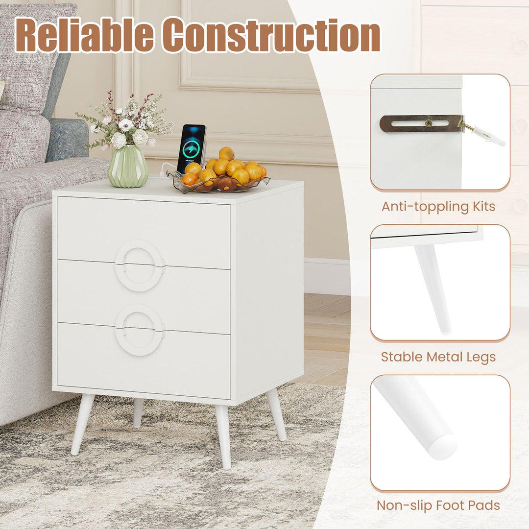 Nightstand with Power Outlets and 3 Drawers Modern Bedside Table with Cable Hole