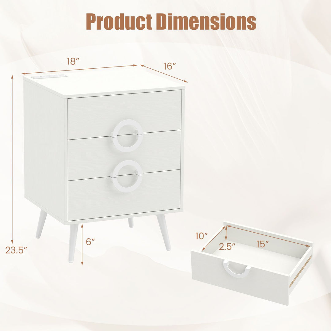 Nightstand with Power Outlets and 3 Drawers Modern Bedside Table with Cable Hole