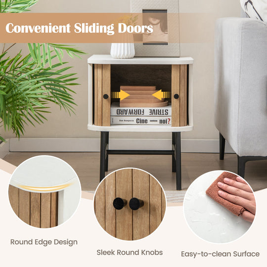 Mid-century Modern Nightstand with Sliding Doors and Storage Cabinet