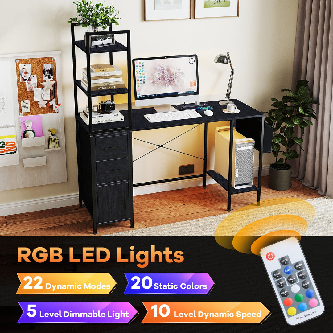 Office Desk with LED Lights and Power Outlets Computer Desk with Open Shelves-Black