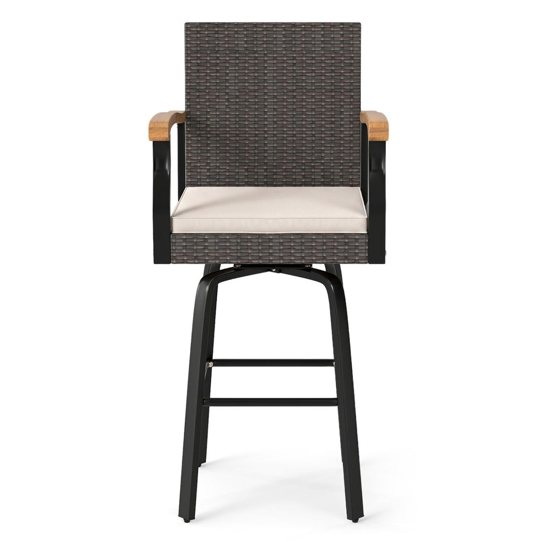 360° Swivel Outdoor Bar Stool with Cushion & Wood Armrests