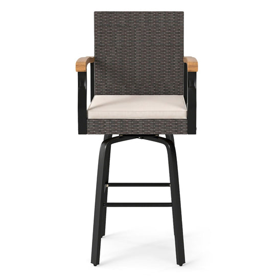 360° Swivel Outdoor Bar Stool with Cushion & Wood Armrests