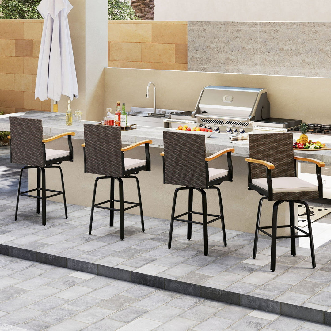 360° Swivel Outdoor Bar Stool with Cushion & Wood Armrests