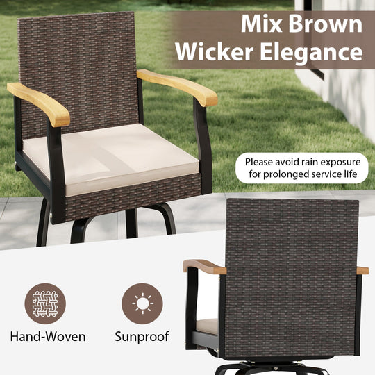 360° Swivel Outdoor Bar Stool with Cushion & Wood Armrests