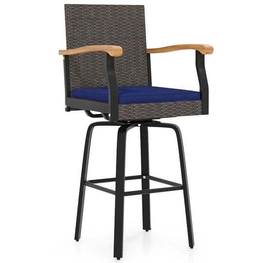 360° Swivel Outdoor Bar Stool with Cushion & Wood Armrests