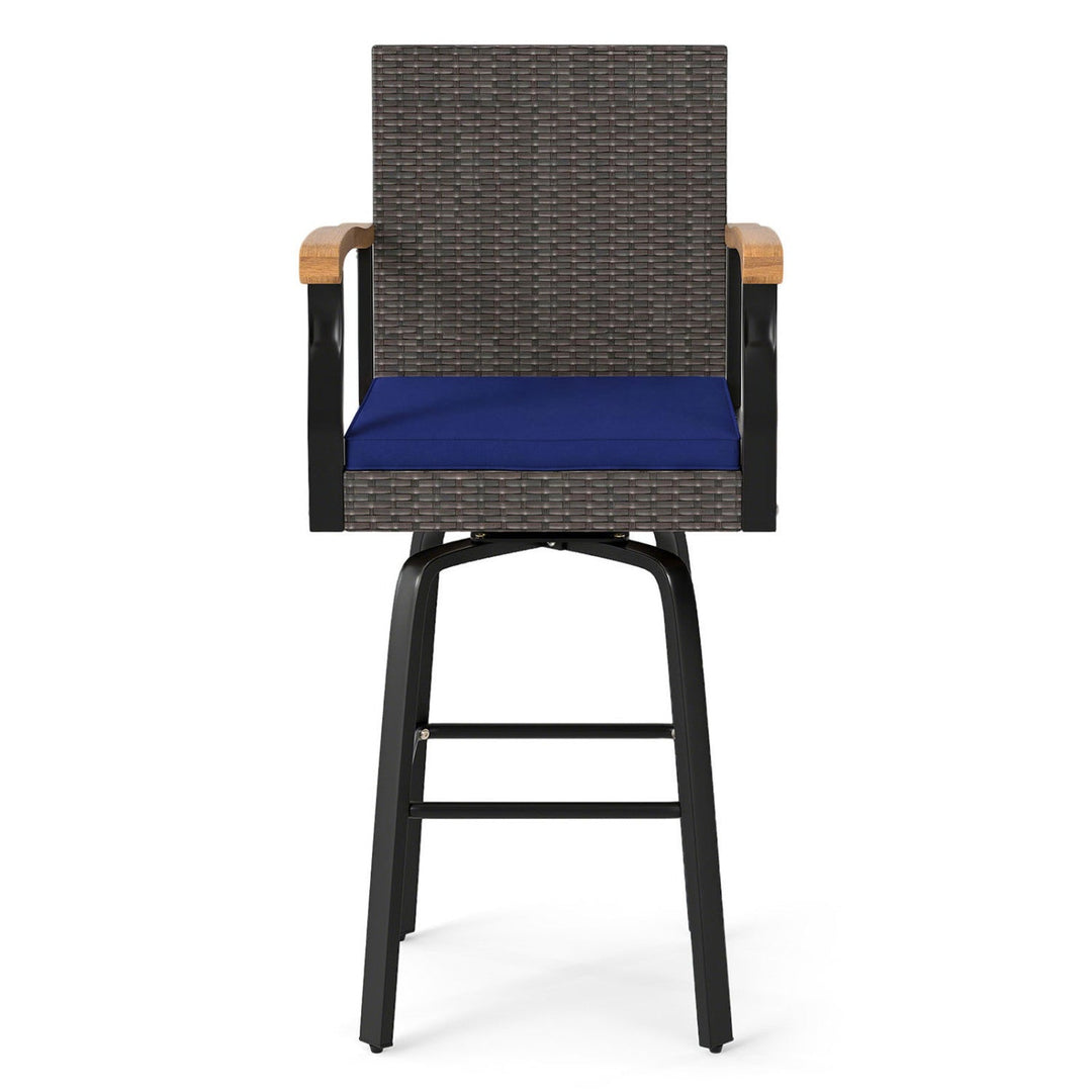 360° Swivel Outdoor Bar Stool with Cushion & Wood Armrests