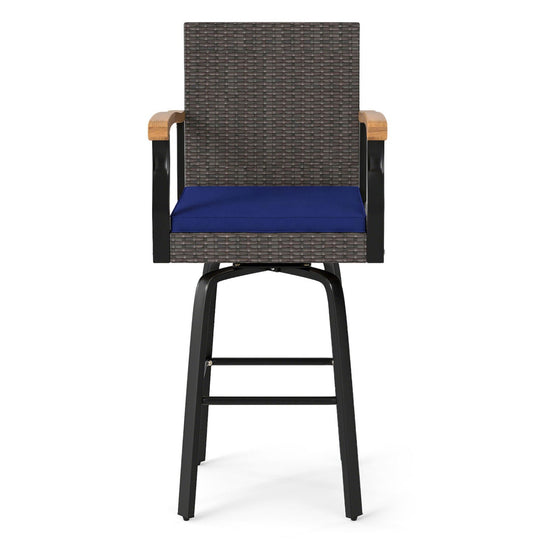 360° Swivel Outdoor Bar Stool with Cushion & Wood Armrests