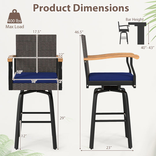 360° Swivel Outdoor Bar Stool with Cushion & Wood Armrests