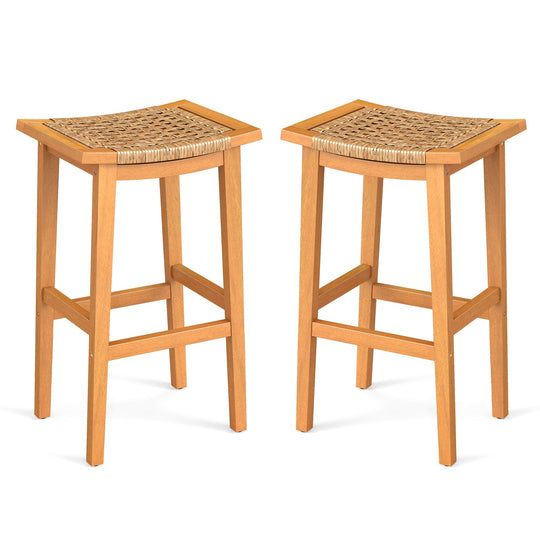 Outdoor Acacia Wood Bar Stools Set of 2 with PE Rattan Seats and Backrests
