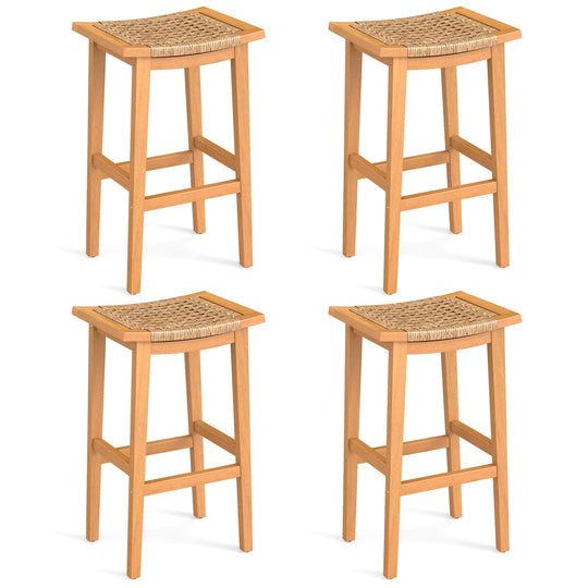 Outdoor Acacia Wood Bar Stools Set of 2 with PE Rattan Seats and Backrests