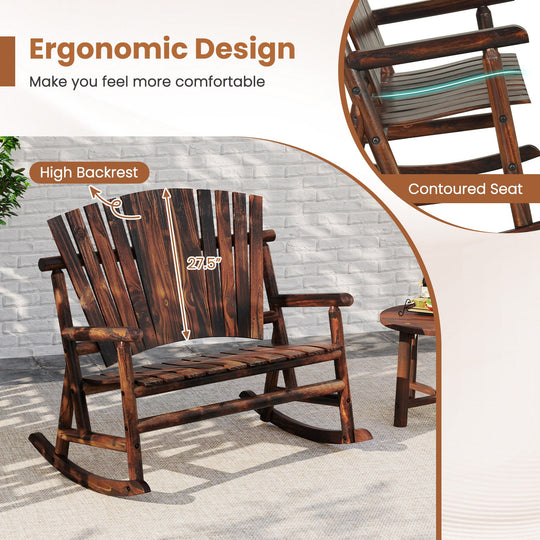 Outdoor Adirondack Rocking Chair for Adults with High Back and Slatted Seat-Brown