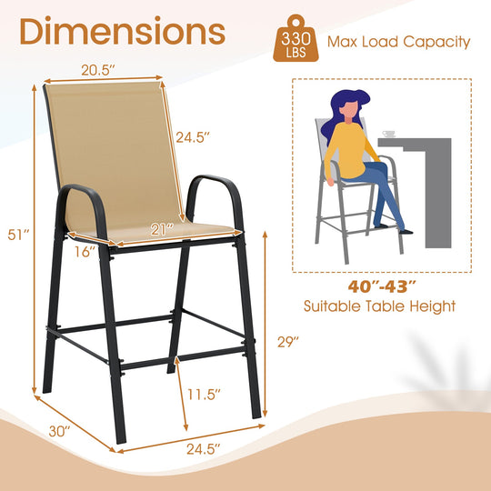 Outdoor Bar Stools Set of 2 29 Inch Fabric Bar Height Stools with Armrests