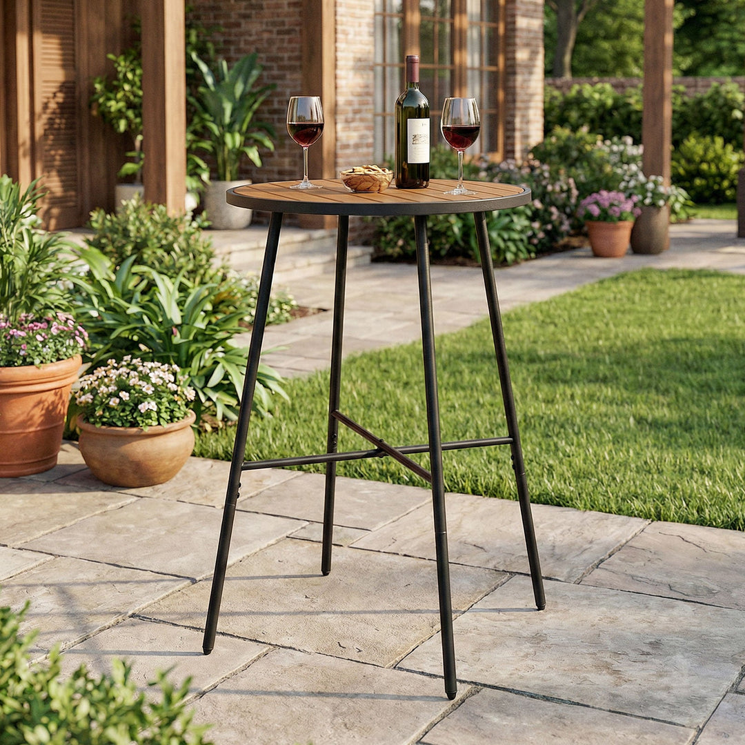 Outdoor Bar Table 41 inch Bar Height Patio Round Table with Acacia Wood Top and Metal Frame