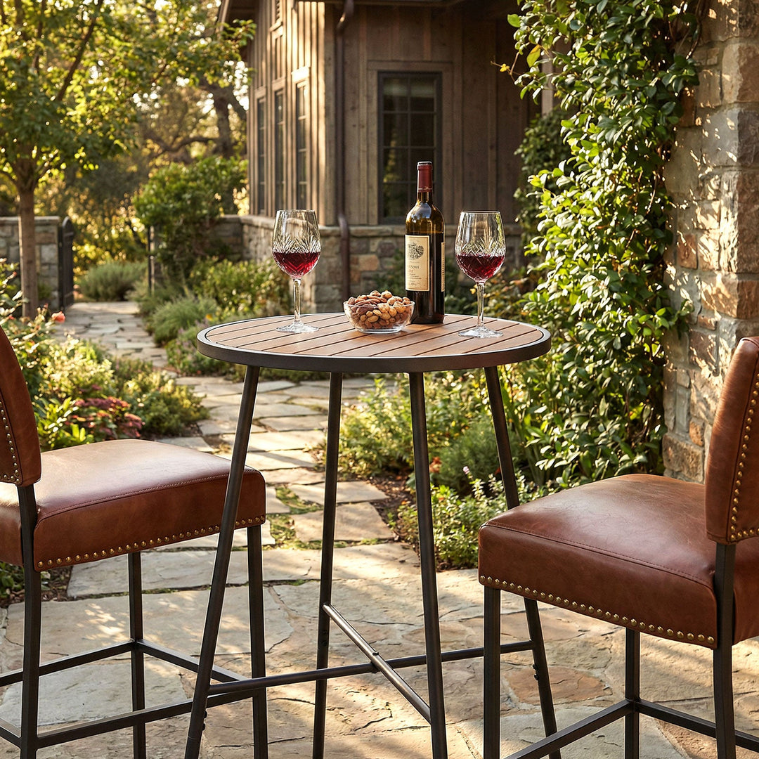 Outdoor Bar Table 41 inch Bar Height Patio Round Table with Acacia Wood Top and Metal Frame