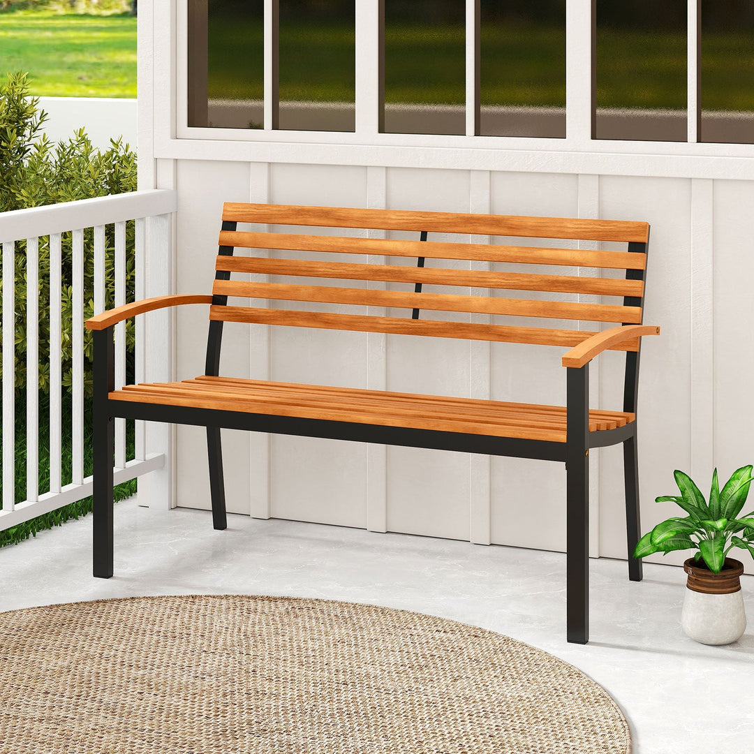 Outdoor Bench Acacia Wood Patio Loveseat with Backrest Armrests