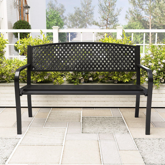 Metal Outdoor Bench with High Back for 2-3-Person Patio Bench-Black