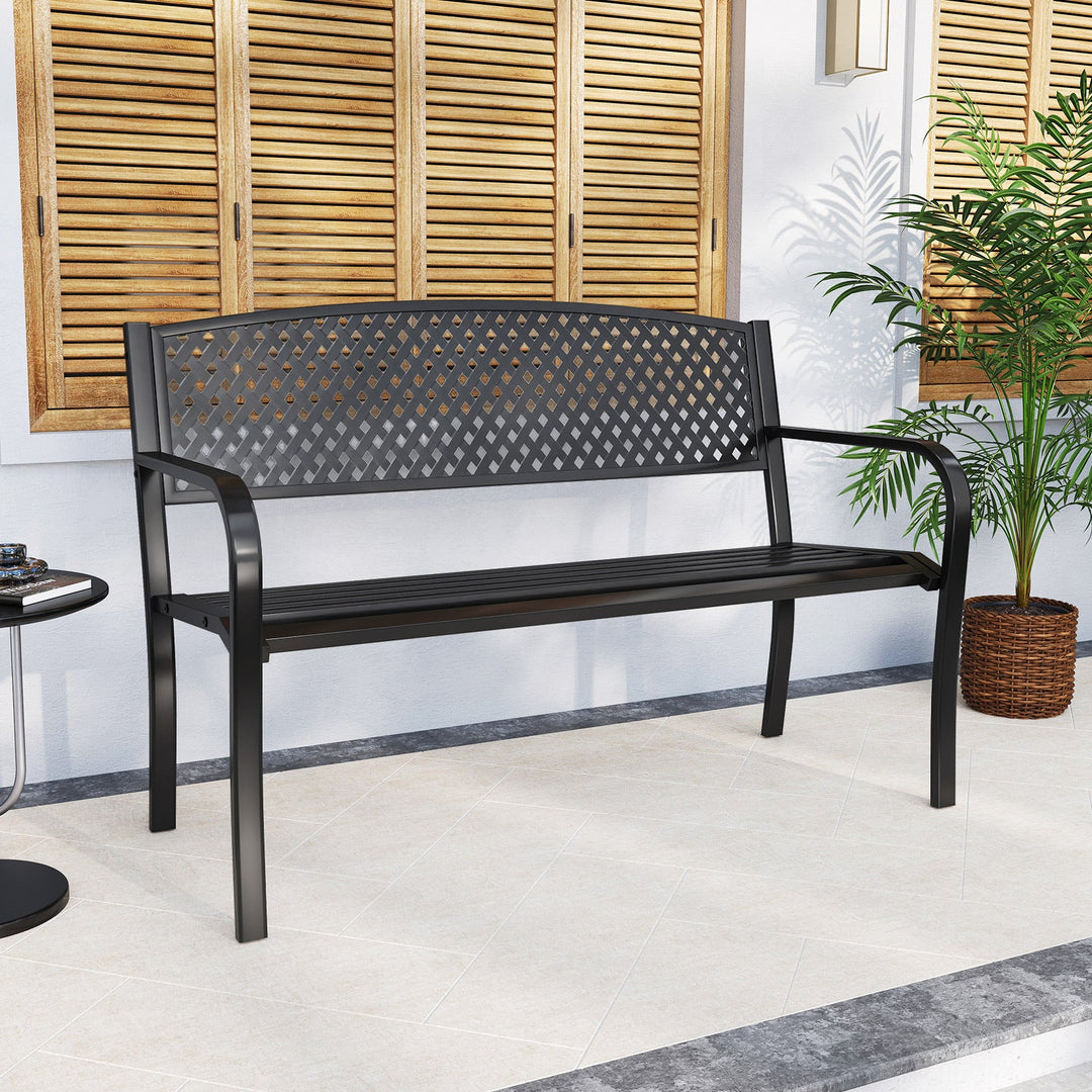 Metal Outdoor Bench with High Back for 2-3-Person Patio Bench-Black