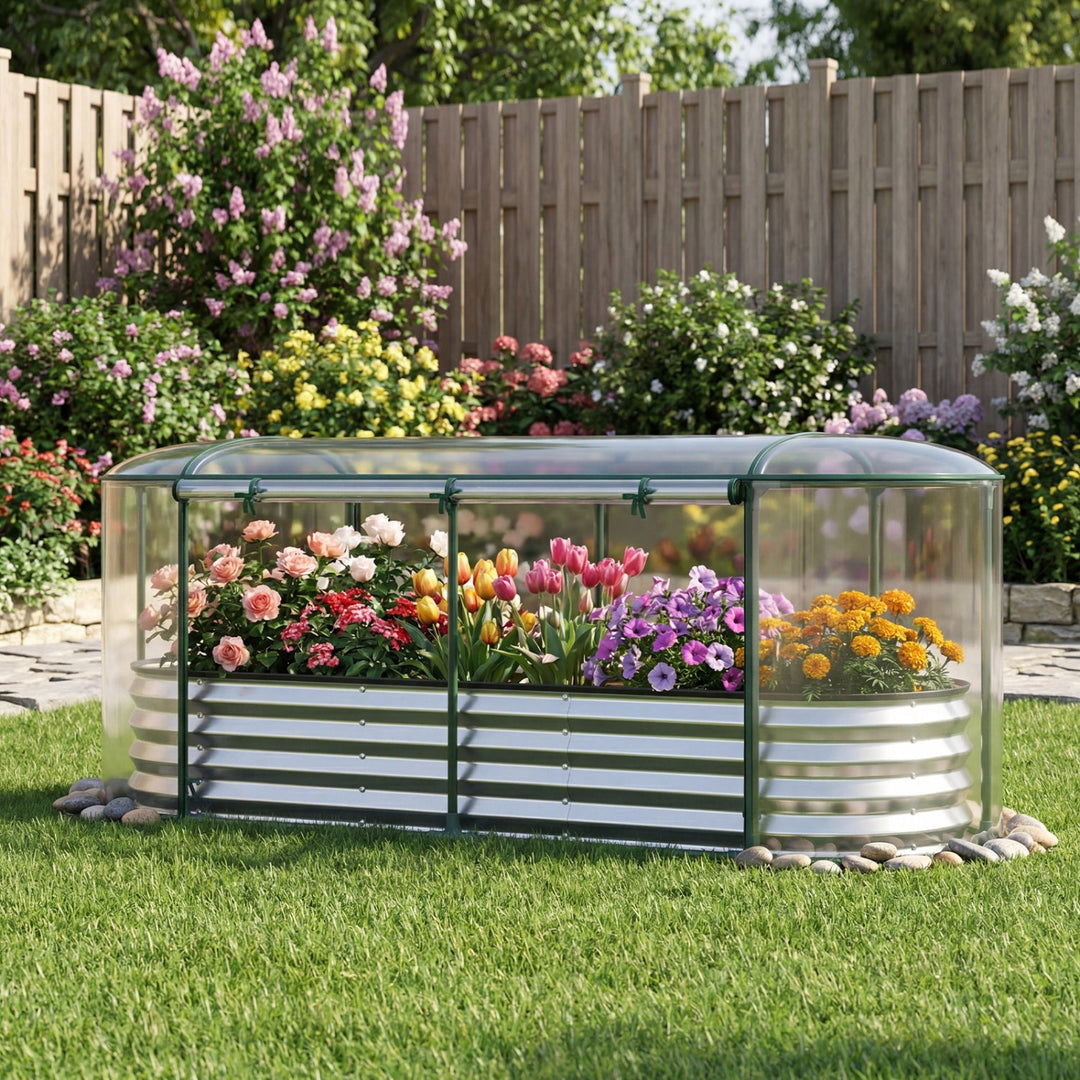 Outdoor Color Steel Raised Garden Bed with Greenhouse Cover Roll-up Window