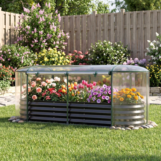 Outdoor Color Steel Raised Garden Bed with Greenhouse Cover Roll-up Window