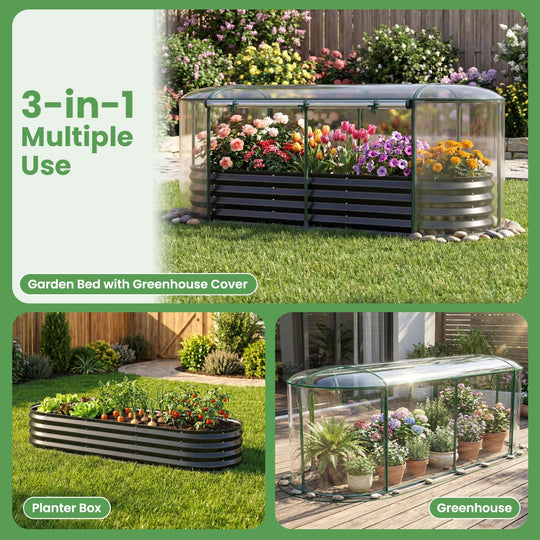 Outdoor Color Steel Raised Garden Bed with Greenhouse Cover Roll-up Window