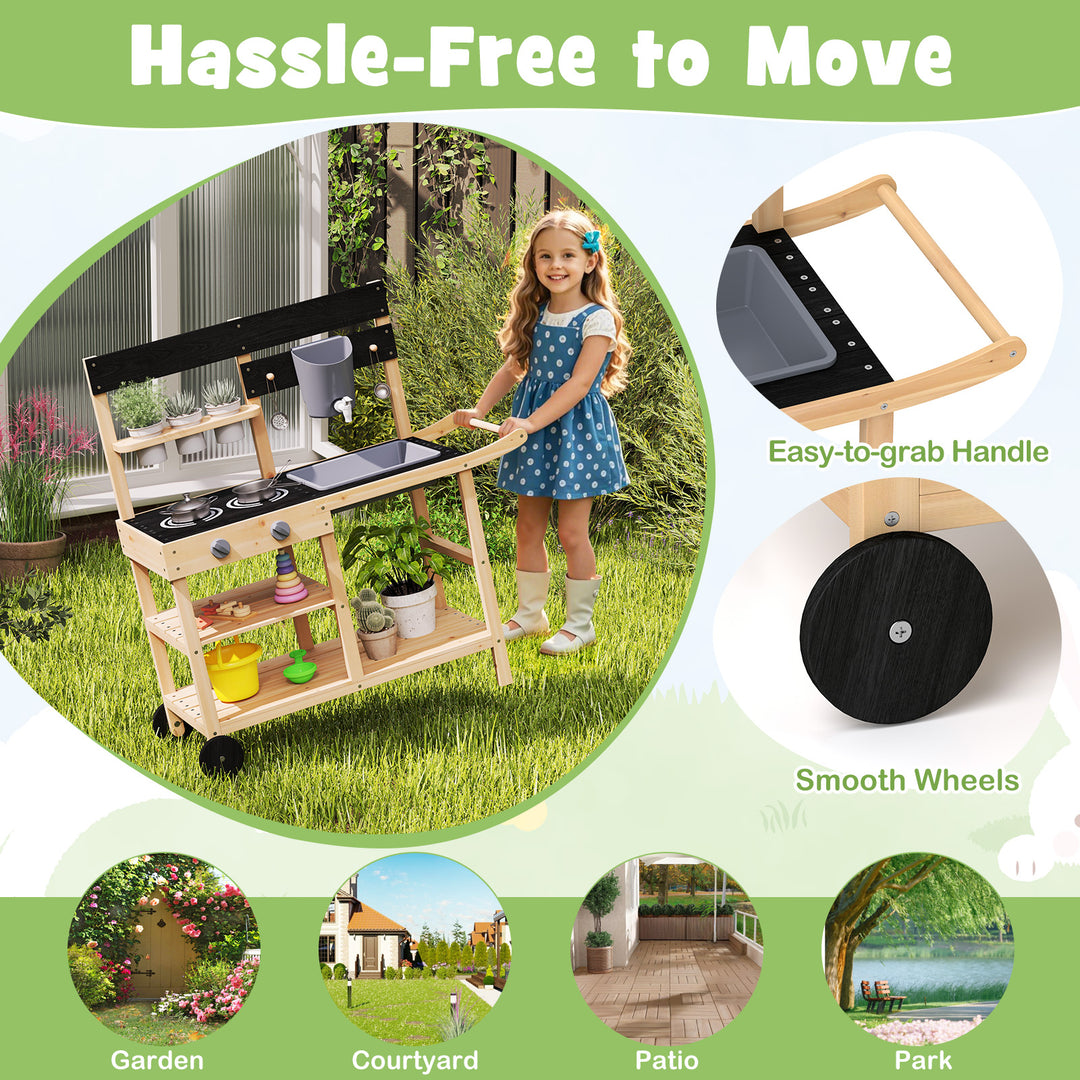 Outdoor Fir Wood Play Kitchen with Blackboard and Planting Pots-Natural