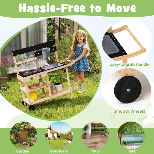 Outdoor Fir Wood Play Kitchen with Blackboard and Planting Pots-Natural