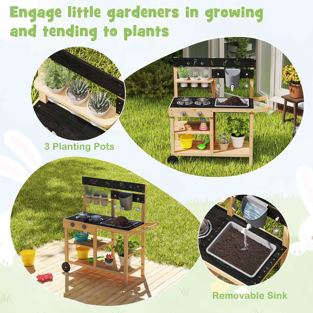 Outdoor Fir Wood Play Kitchen with Blackboard and Planting Pots-Natural