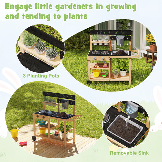 Outdoor Fir Wood Play Kitchen with Blackboard and Planting Pots-Natural