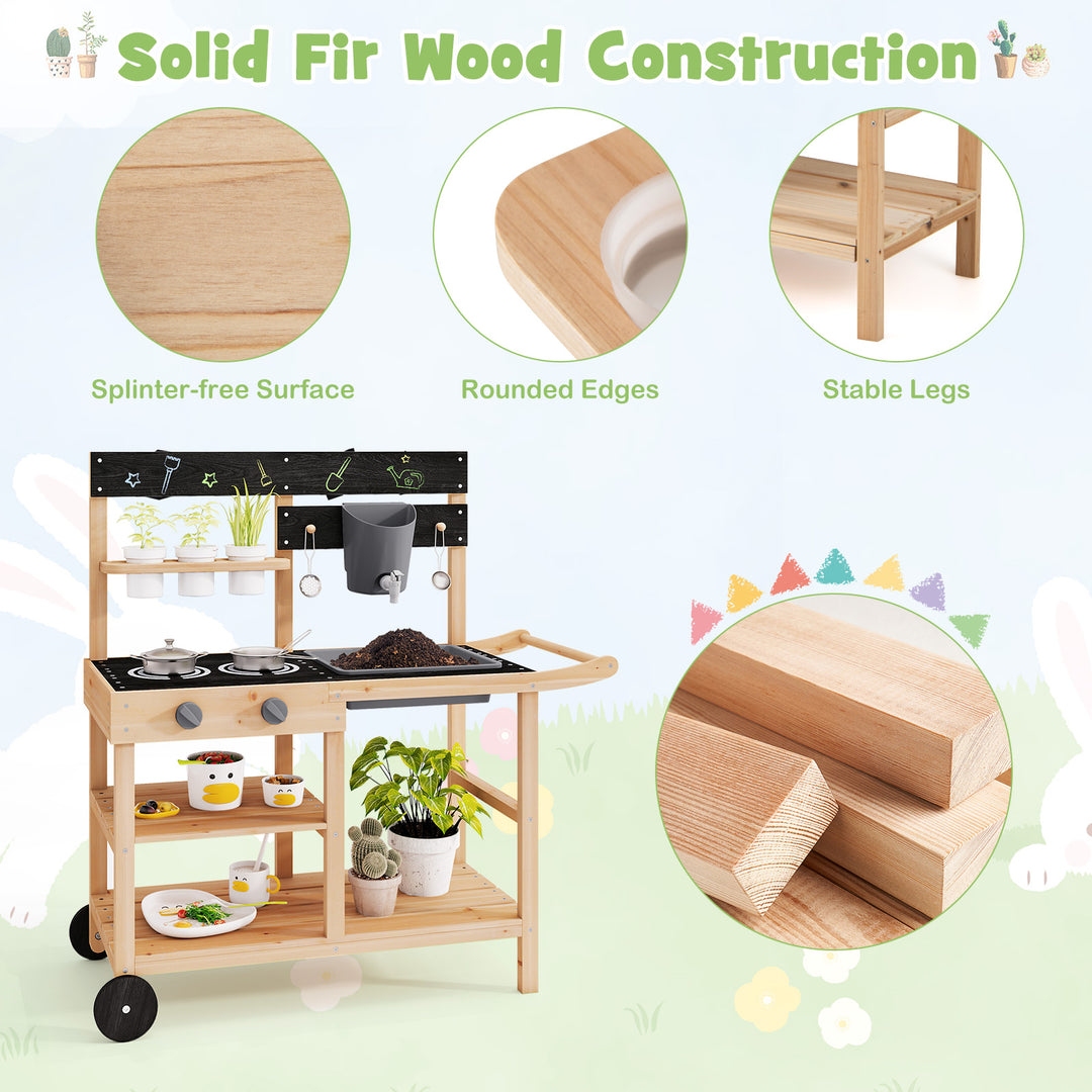 Outdoor Fir Wood Play Kitchen with Blackboard and Planting Pots-Natural