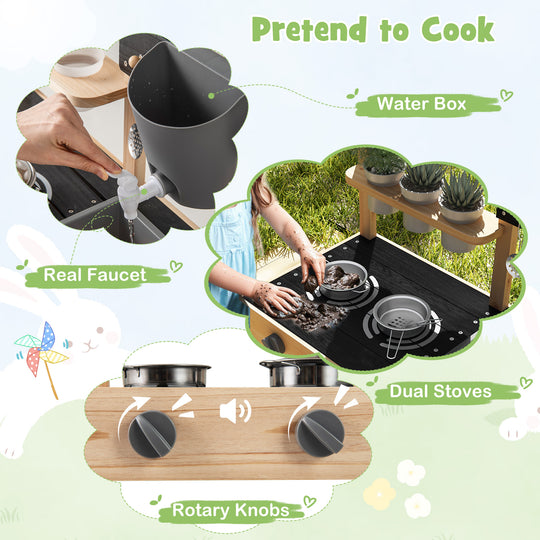 Outdoor Fir Wood Play Kitchen with Blackboard and Planting Pots-Natural