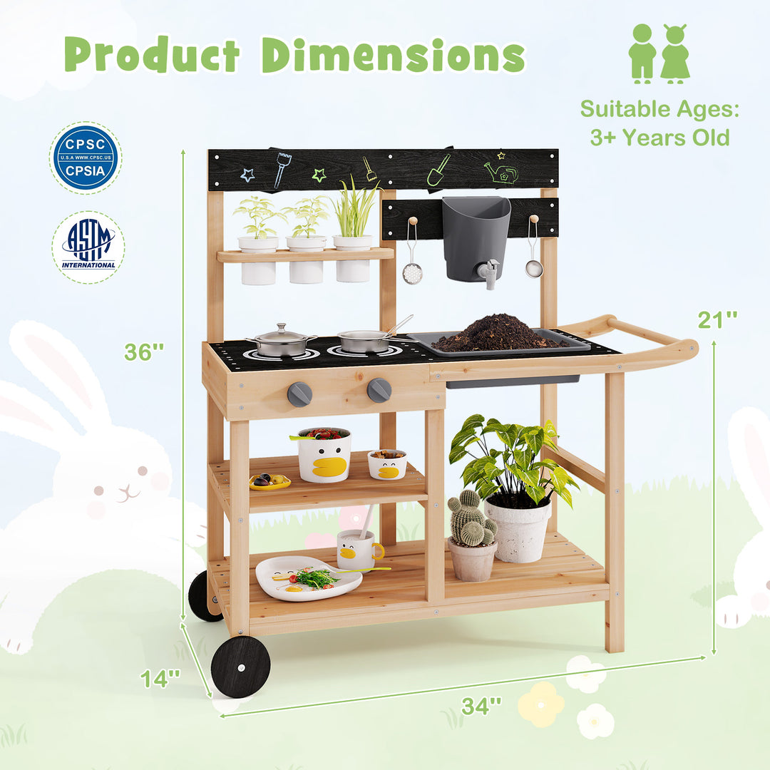 Outdoor Fir Wood Play Kitchen with Blackboard and Planting Pots-Natural