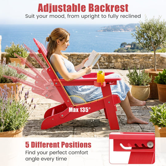 Folding Adirondack Chair with Adjustable Backrest & Cup Holder