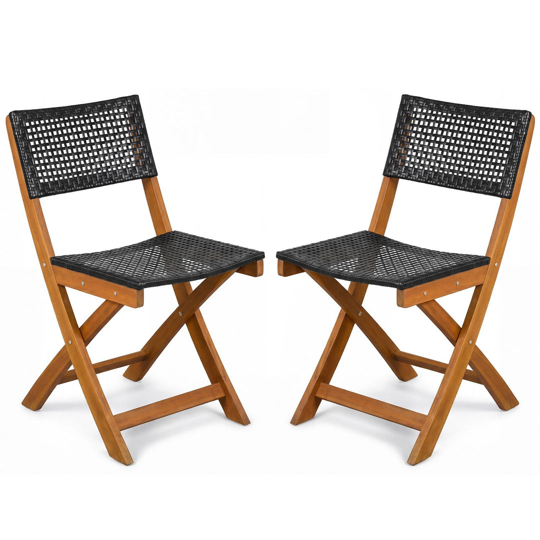 Set of 2 Outdoor Folding PE Rattan Chairs with Acacia Wood Frame for Porch Balcony Fully Assembled