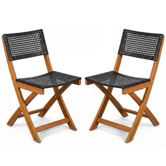 Set of 2 Outdoor Folding PE Rattan Chairs with Acacia Wood Frame for Porch Balcony Fully Assembled